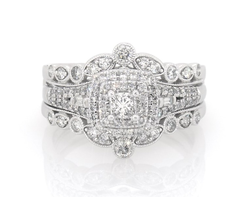 Main Image 1 of Previously Owned Princess-Cut Diamond Double Halo Bridal Set 1 ct tw 10K White Gold Size 8.5