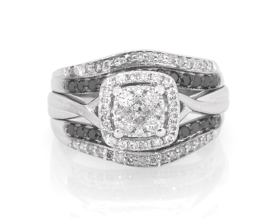 Previously Owned Princess and Round-Cut White & Black Multi-Diamond Bridal Set 3/4 ct tw 10K White Gold Size 7
