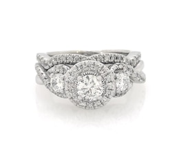 Previously Owned Round-Cut Diamond Halo Three-Stone Bridal Set 7/8 ct tw 14K White Gold Size 4.25
