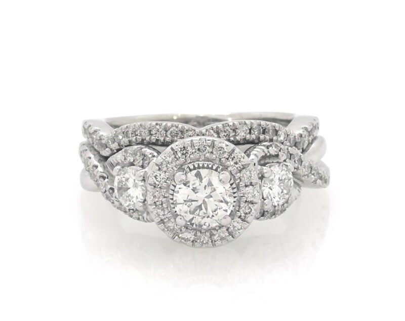 Main Image 1 of Previously Owned Round-Cut Diamond Halo Three-Stone Bridal Set 7/8 ct tw 14K White Gold Size 4.25