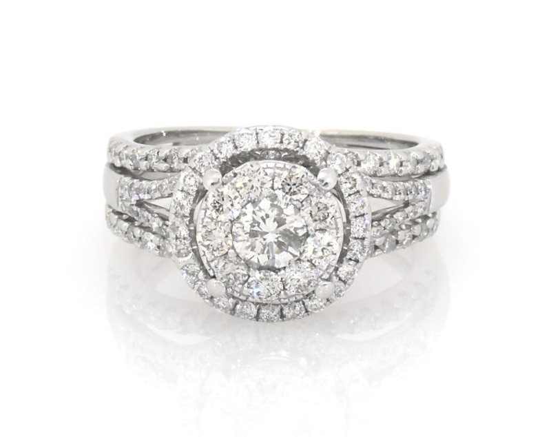 Main Image 1 of Previously Owned Round-Cut Diamond Double Halo Bridal Set 1 ct tw 14K White Gold Size 5.5