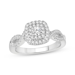 Previously Owned Round-Cut Diamond Cushion Double Halo Engagement Ring 1/2 ct tw 10K White Gold