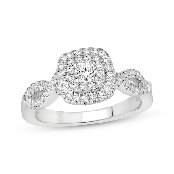Previously Owned Round-Cut Diamond Cushion Double Halo Engagement Ring 1/2 ct tw 10K White Gold