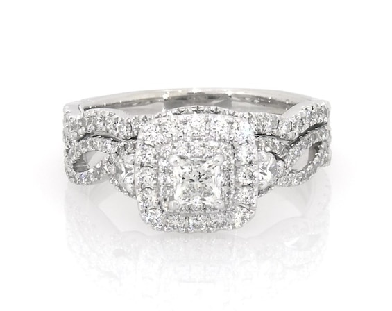 Previously Owned Neil Lane Princess-Cut Diamond Double Halo Bridal Set 1-1/5 ct tw 14K White Gold Size 7.25