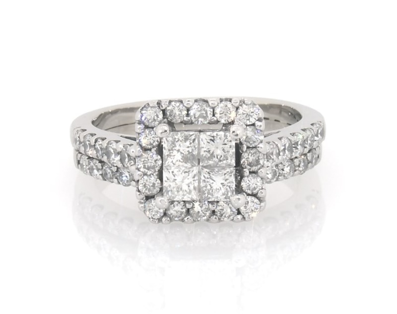 Main Image 1 of Previously Owned Princess-Cut Quad Diamond Halo Bridal Set 1-1/5 ct tw 14K White Gold Size 2.75