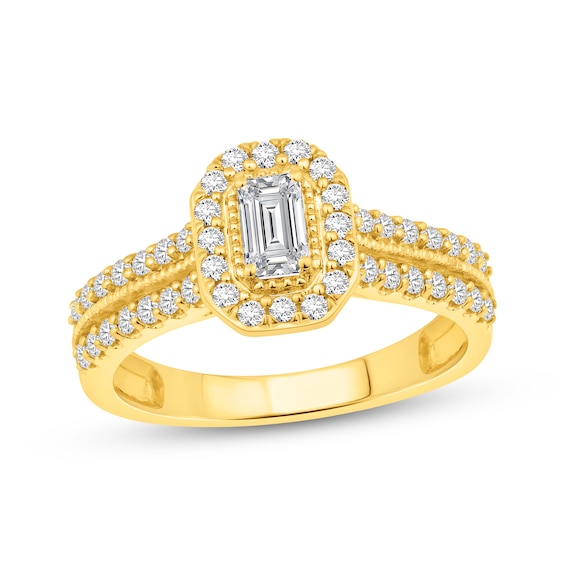 Previously Owned Lab-Grown Diamonds Emerald-Cut Halo Engagement Ring 3/4 ct tw 14K Yellow Gold