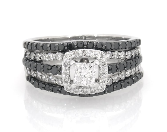 Previously Owned Black & White Diamond Bridal Set 1-1/4 ct tw Princess & Round-Cut 14K White Gold Size