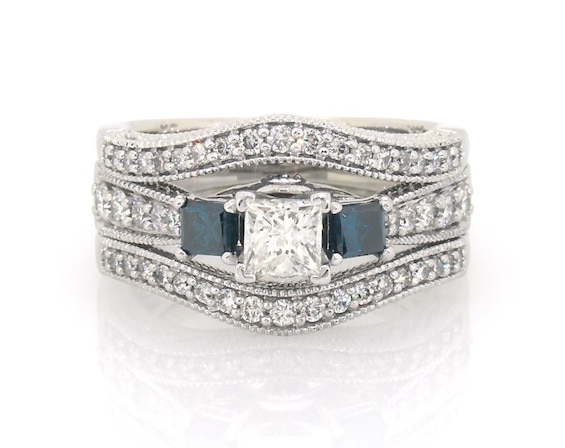 Previously Owned Princess-Cut White & Blue Diamond Three-Stone Bridal Set 1-1/4 ct tw 14K White Gold Size 6.5