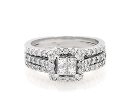 Previously Owned Princess-Cut Quad Diamond Halo Bridal Set 3/4 ct tw 14K White Gold Size 4.25