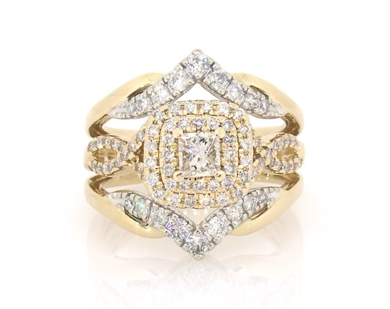 Previously Owned Princess-Cut Diamond Double Halo Bridal Set 1 ct tw 14K Two-Tone Gold Size 6.5