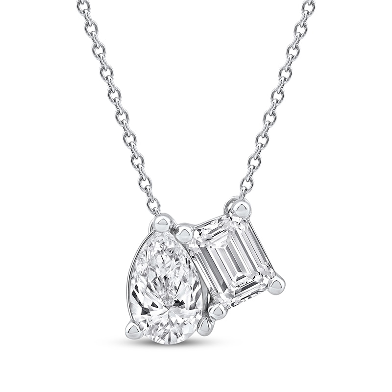 Main Image 1 of Previously Owned Toi et Moi Lab-Grown Diamond Emerald-Cut & Pear-Shaped Necklace 1 ct tw 14K White Gold 18"