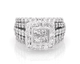 Previously Owned Princess-Cut Quad Diamond Halo Bridal Set 3-7/8 ct tw 14K White Gold Size 7