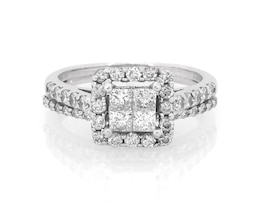 Previously Owned Princess-Cut Quad Diamond Halo Bridal Set 1 ct tw 14K White Gold Size 6.5