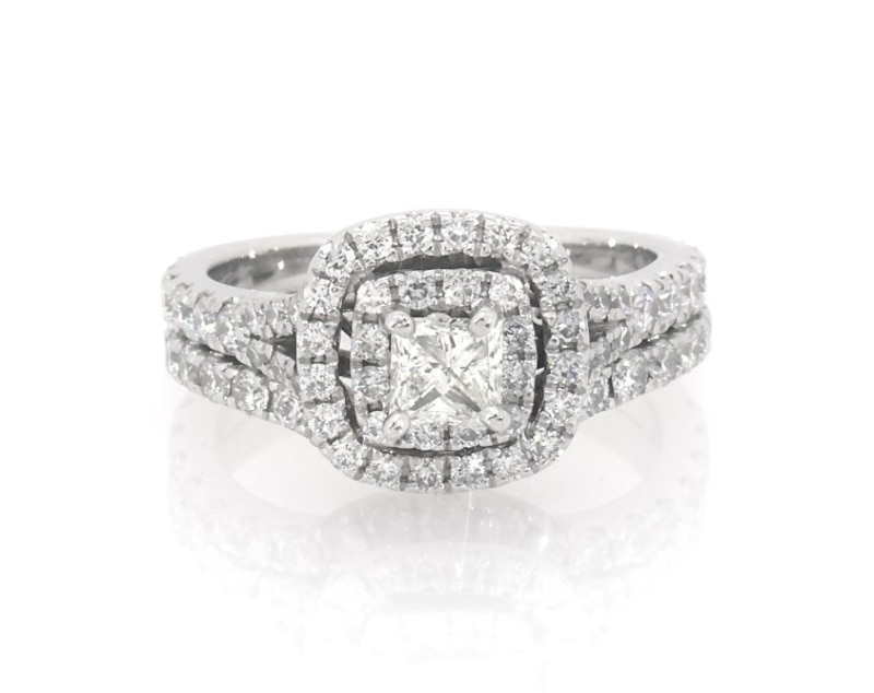 Main Image 1 of Previously Owned Neil Lane Princess-Cut Diamond Double Halo Bridal Set 1-1/3 ct tw 14K White Gold Size 4.5