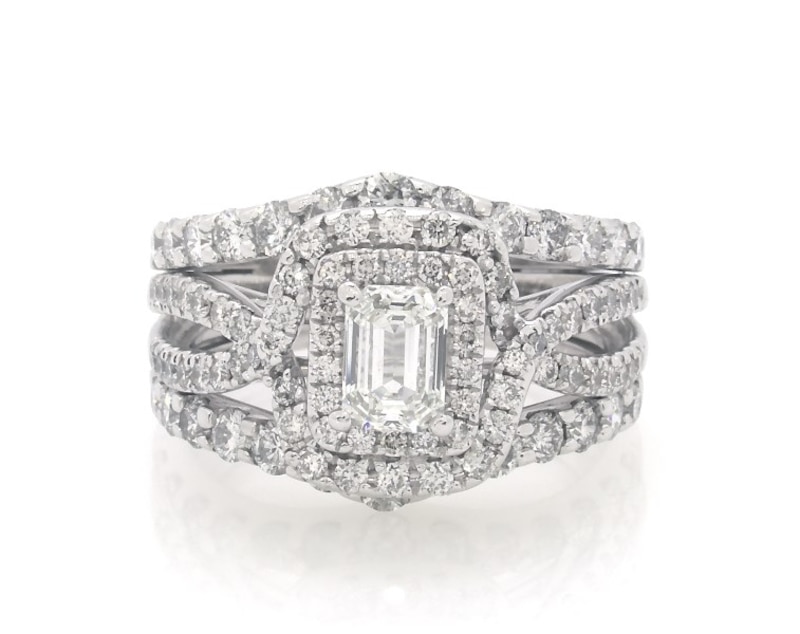 Main Image 1 of Previously Owned Emerald-Cut Diamond Double Halo Bridal Set 1-7/8 ct tw 14K White Gold Size 6.25
