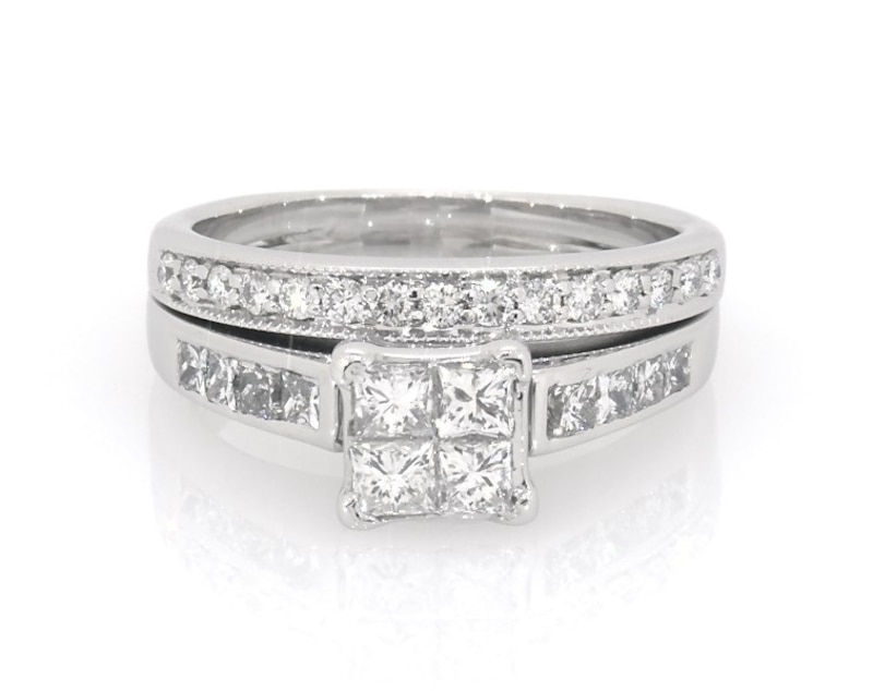 Main Image 1 of Previously Owned Princess-Cut Quad Diamond Bridal Set 1 ct tw 14K White Gold Size 6.25