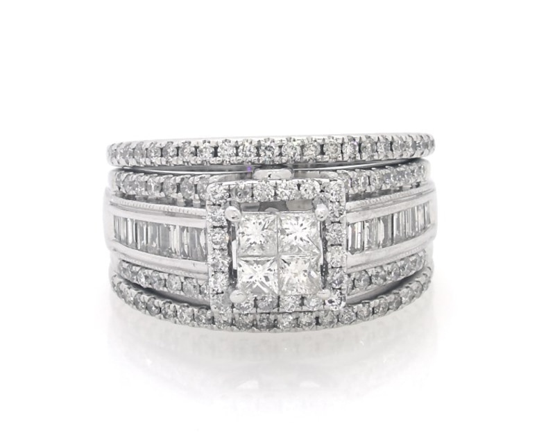 Main Image 1 of Previously Owned Princess-Cut Quad Diamond Bridal Set 1-1/5 ct tw 14K White Gold Size 6