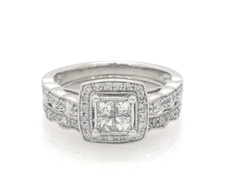 Main Image 1 of Previously Owned Princess-Cut Quad Diamond Bridal Set 3/4 ct tw 14K White Gold Size 5.75