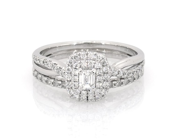Previously Owned Emerald-Cut Diamond Double Halo Bridal Set 5/8 ct tw 10K White Gold Size 7.25