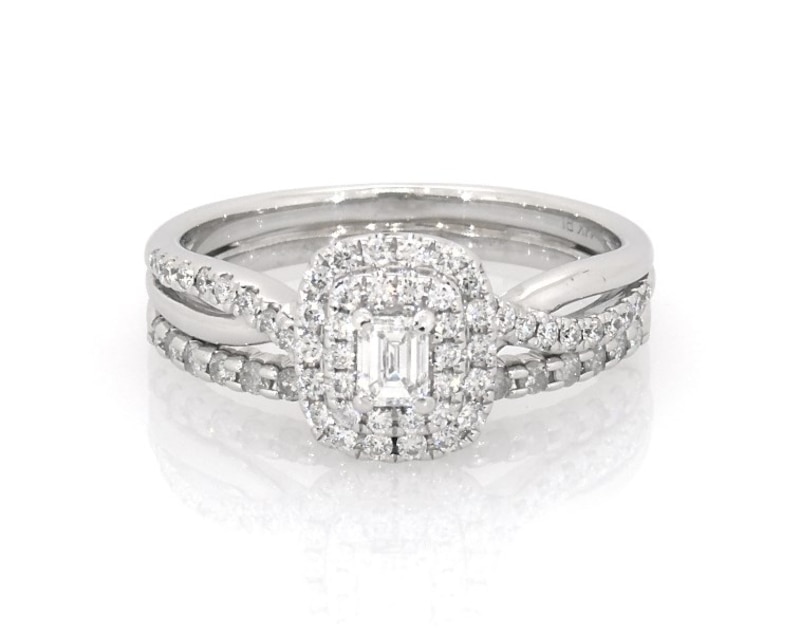 Main Image 1 of Previously Owned Emerald-Cut Diamond Double Halo Bridal Set 5/8 ct tw 10K White Gold Size 7.25