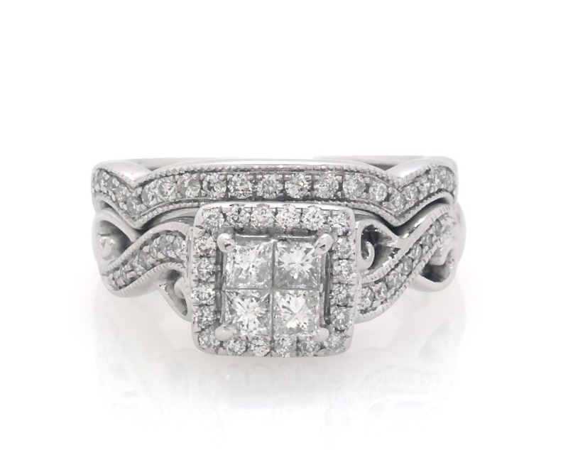 Main Image 1 of Previously Owned Princess-Cut Quad Diamond Bridal Set 3/4 ct tw 14K White Gold Size 5.5