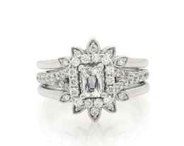 Previously Owned Emerald-Cut Diamond Halo Bridal Set 1 ct tw 14K White Gold Size 5.5