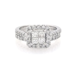 Previously Owned Princess-Cut Quad Diamond Halo Bridal Set 1-1/5 ct tw 14K White Gold Size 4.5