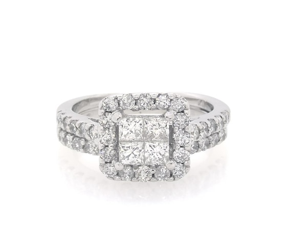 Previously Owned Princess-Cut Quad Diamond Halo Bridal Set 1-1/5 ct tw 14K White Gold Size