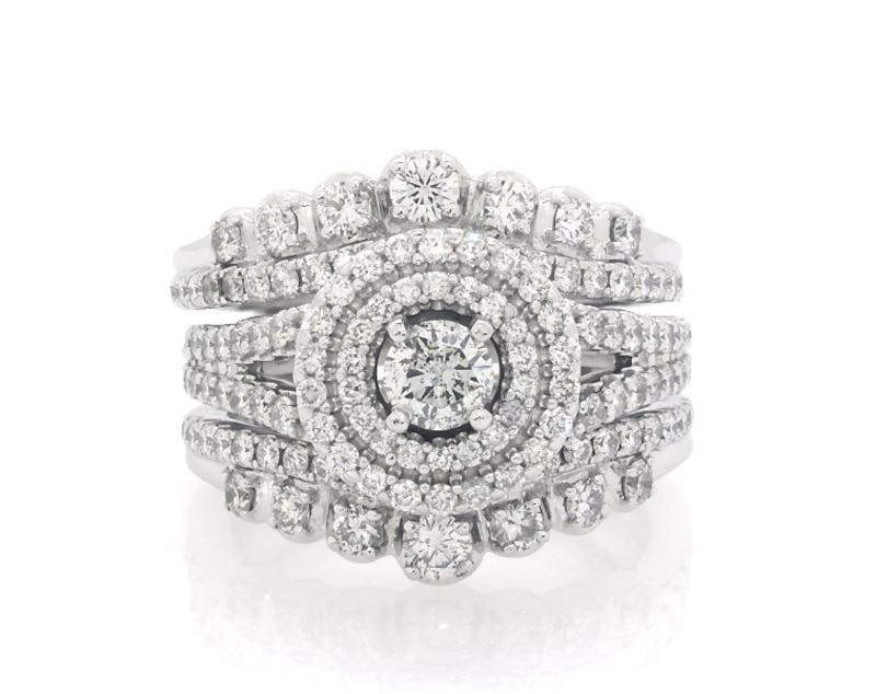 Main Image 1 of Previously Owned Round-Cut Diamond Double Halo Bridal Set 1-7/8 ct tw 14K White Gold Size 6.75