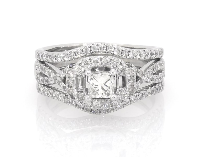 Main Image 1 of Previously Owned Adrianna Papell Princess-Cut Diamond Halo Twist Shank Bridal Set 1-1/4 ct tw 14K White Gold Size 7.5