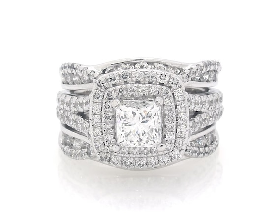 Previously Owned Princess-Cut Diamond Cushion Double Halo Bridal Set 3 ct tw 14K White Gold Size 5.5
