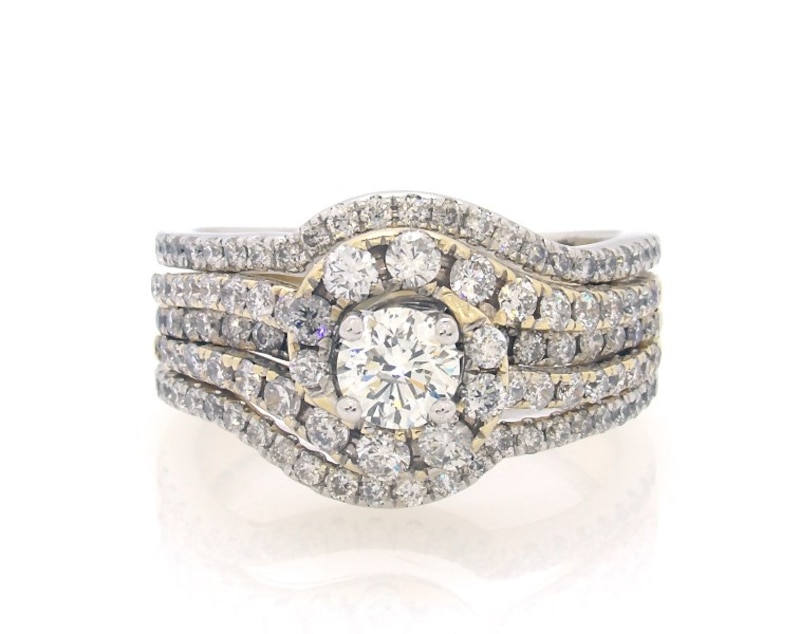 Main Image 1 of Previously Owned Round-Cut Diamond Halo Bridal Set 1-5/8 ct tw 14K Two-Tone Gold Size 7