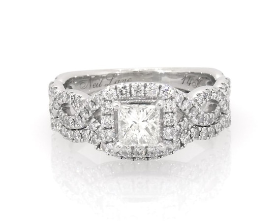 Previously Owned Neil Lane Princess-Cut Diamond Halo Bridal Set 1-1/8 ct tw 14K White Gold Size 6.5