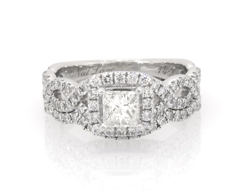 Main Image 1 of Previously Owned Neil Lane Princess-Cut Diamond Halo Bridal Set 1-1/8 ct tw 14K White Gold Size 6.5
