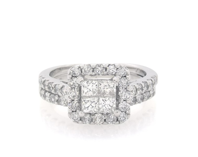 Main Image 1 of Previously Owned Princess-Cut Quad Diamond Halo Bridal Set 1-1/5 ct tw 14K White Gold Size 5