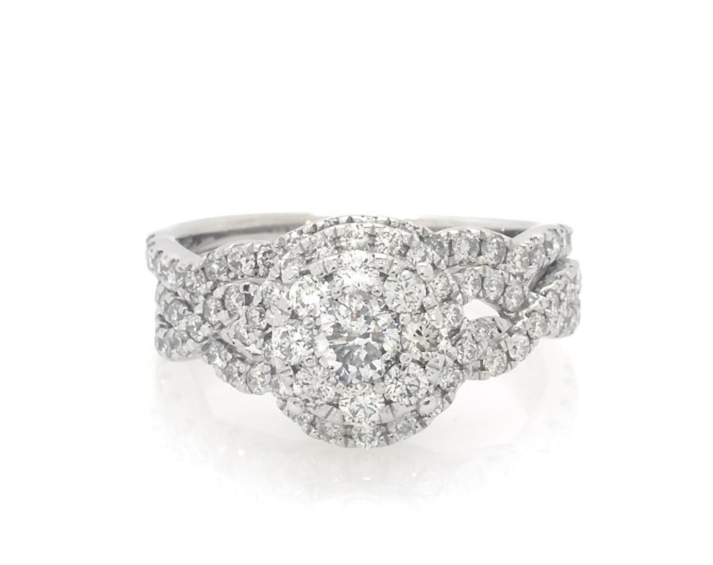 Main Image 1 of Previously Owned Round-Cut Diamond Halo Bridal Set 1-1/5 ct tw 14K White Gold Size 5.75