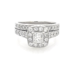 Previously Owned Princess-Cut Diamond Cushion Halo Bridal Set 1-1/5 ct tw ct tw 14K White Gold Size 7