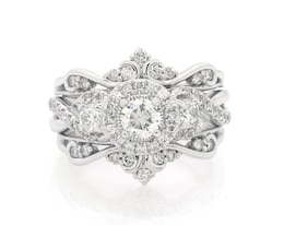 Previously Owned Round-Cut Diamond Halo Scroll Bridal Set 1 ct tw 14K White Gold Size 6.75