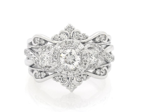 Previously Owned Round-Cut Diamond Halo Scroll Bridal Set 1 ct tw 14K White Gold Size 6.75