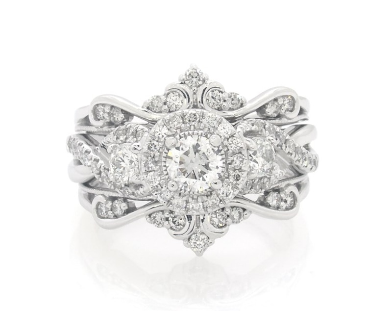 Main Image 1 of Previously Owned Round-Cut Diamond Halo Scroll Bridal Set 1 ct tw 14K White Gold Size 6.75
