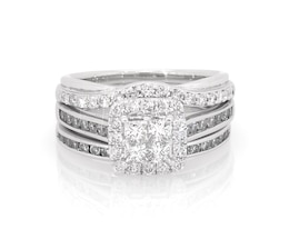 Previously Owned Princess-Cut Quad Diamond Halo Bridal Set 1-3/8 ct tw 14K White Gold Size 7.25