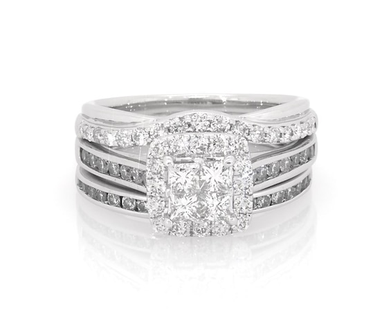 Previously Owned Princess-Cut Quad Diamond Halo Bridal Set 1-3/8 ct tw 14K White Gold Size 7.25