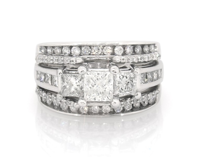 Main Image 1 of Previously Owned Princess-Cut Diamond Three-Stone Engagement Ring 1-7/8 ct tw 14K White Gold Size 5.5