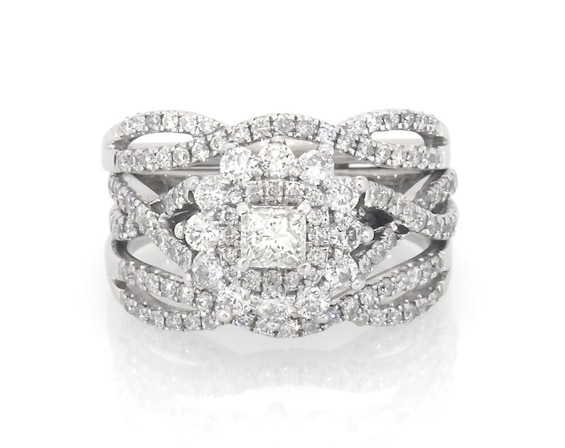 Previously Owned Princess-Cut Diamond Double Flower Frame Bridal Set 1-1/4 ct tw 14K White Gold Size 6.25