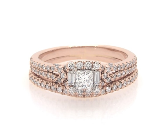Previously Owned Adrianna Papell Princess-Cut Diamond Halo Bridal Set 3/4 ct tw 14K Two-Tone Gold Size 6.5