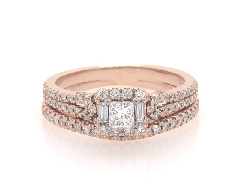 Main Image 1 of Previously Owned Adrianna Papell Princess-Cut Diamond Halo Bridal Set 3/4 ct tw 14K Two-Tone Gold Size 6.5