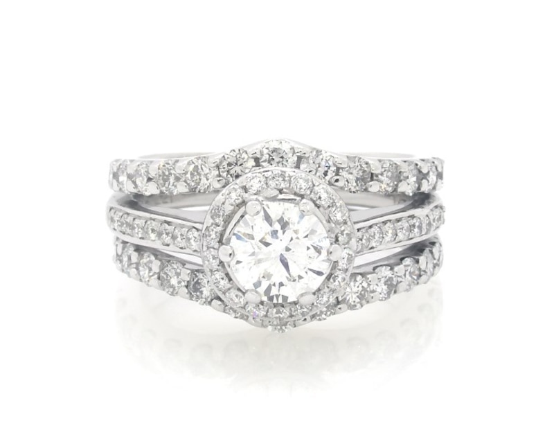 Main Image 1 of Previously Owned Round-Cut Diamond Halo Bridal Set 1-7/8 ct tw 14K White Gold Size 5.5
