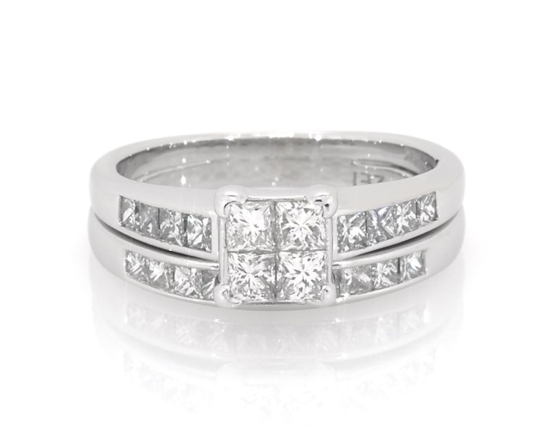 Main Image 1 of Previously Owned Princess-Cut Quad Diamond Bridal Set 1-1/6 ct tw 14K White Gold Size 7.25