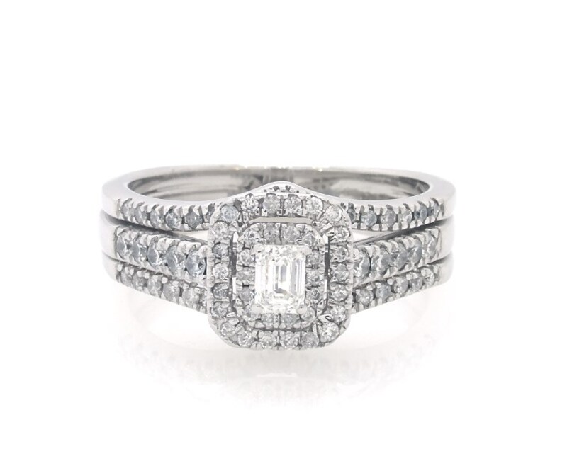 Main Image 1 of Previously Owned Emerald-Cut Diamond Double Halo Bridal Set 5/8 ct tw 10K White Gold Size 7.75