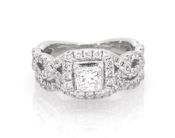 Previously Owned Neil Lane Princess-Cut Halo Diamond Bridal Set 1-1/8 ct tw 14K White Gold Size 4